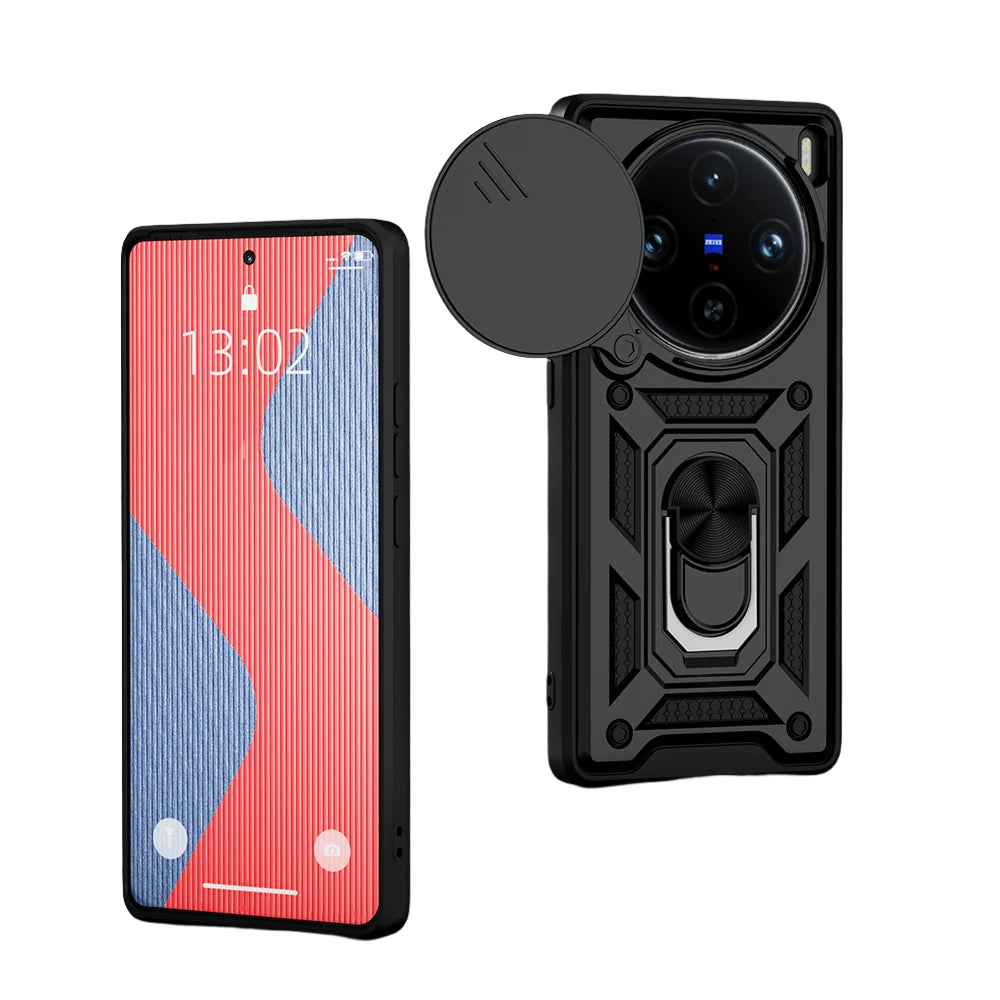 Shockproof Armor Case with Slide Camera Lens Protection and Ring Stand for VIVO X100 Series