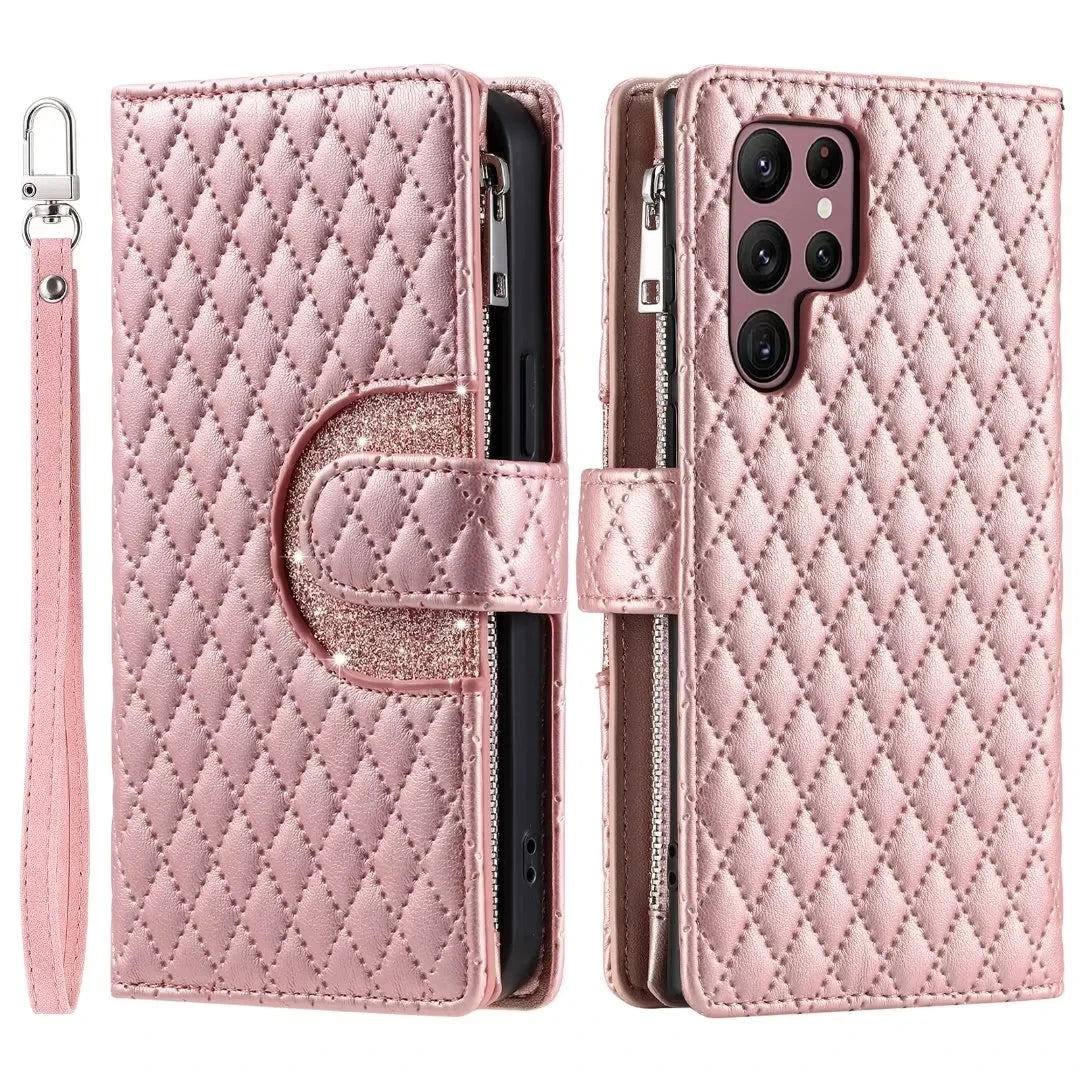 Zipper Wallet Flip Leather Phone Case with Long Lanyard for Samsung Galaxy S24 Series