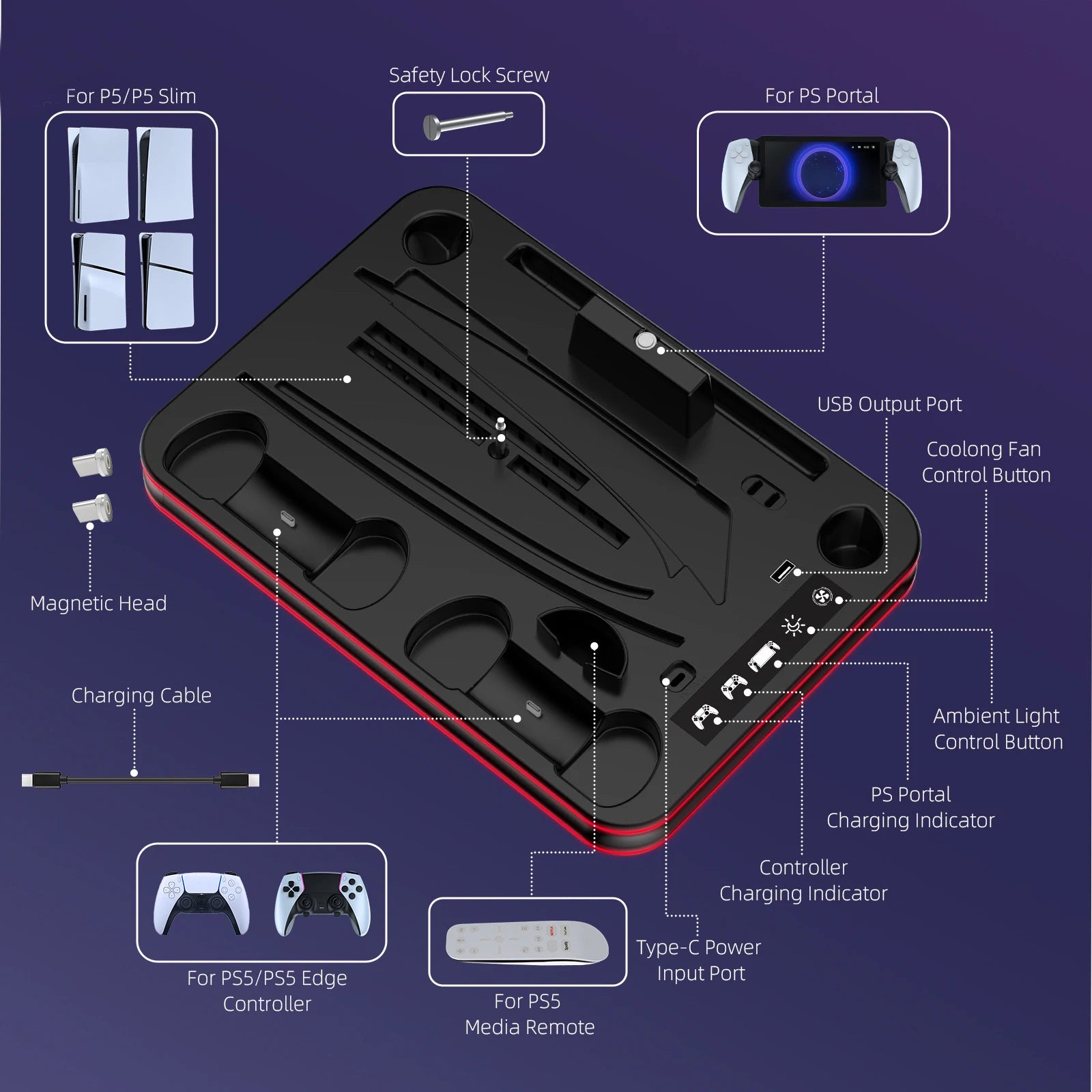 PlayStation 5 Slim Cooling Dock with RGB LED and Controller Charging