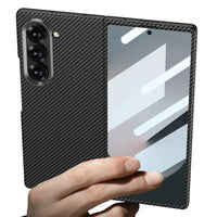 Ultra-Thin Carbon Fiber Pattern Folding Case with Front Tempered Glass for Samsung Galaxy Z Fold 6