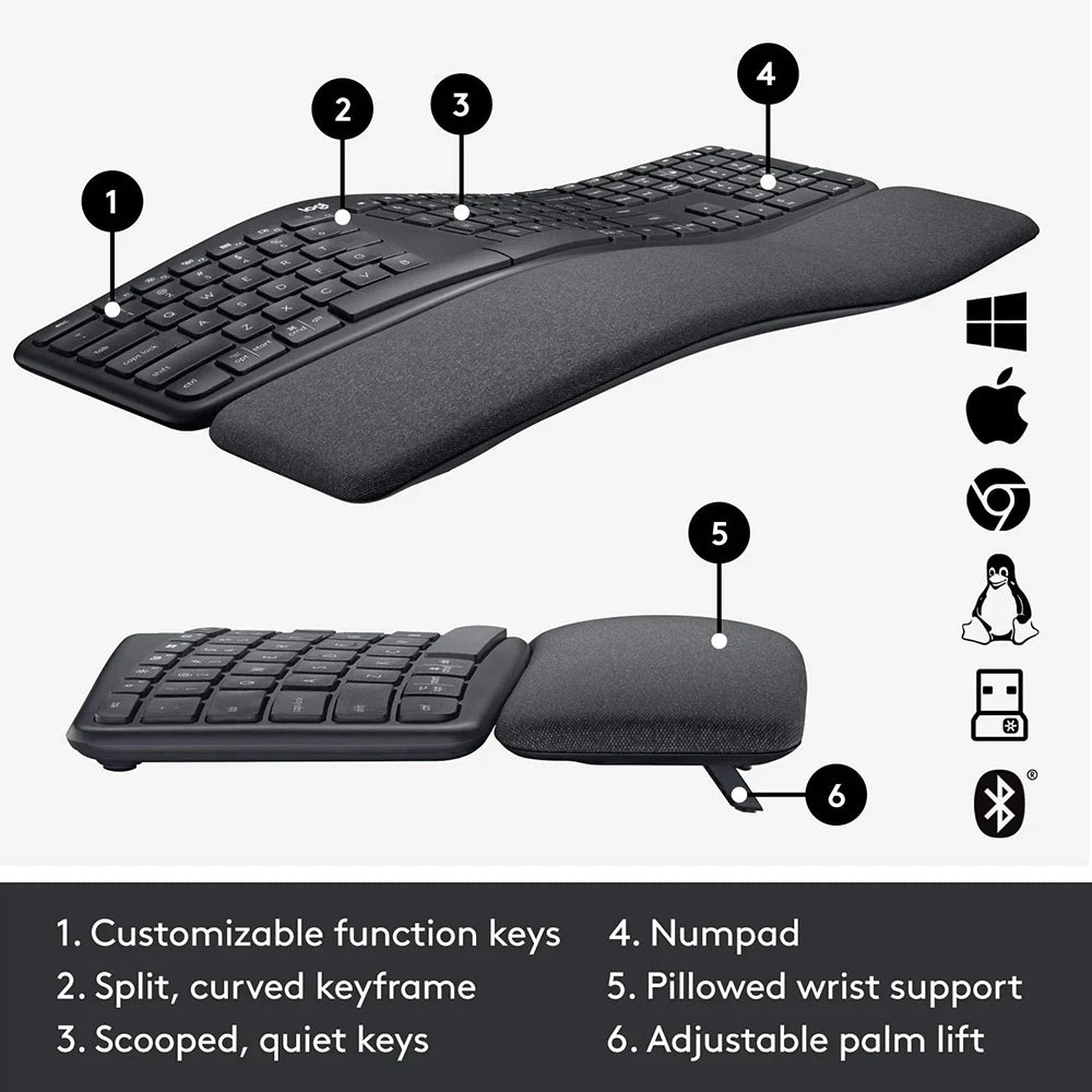 Logitech ERGO K860 Wireless Bluetooth Ergonomic Split Keyboard with Wrist Rest