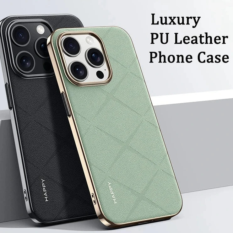 Luxury Grid Pattern PU Leather Case with Plating PC Shockproof Design for iPhone 15 Series