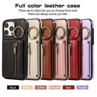 Crossbody Triple Wallet Leather Zipper Case with Ring Holder for iPhone 14 Series