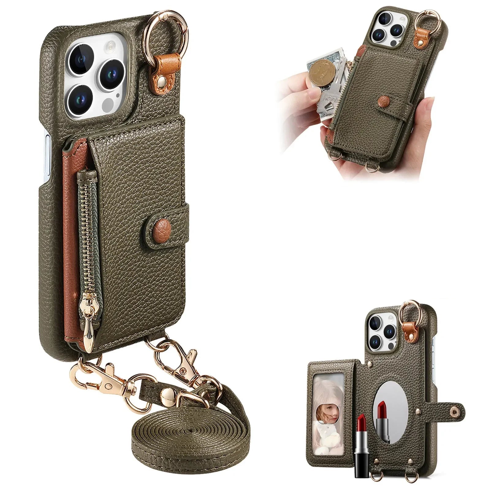 Zipper Wallet Leather Case with Crossbody Lanyard for iPhone 16 Series