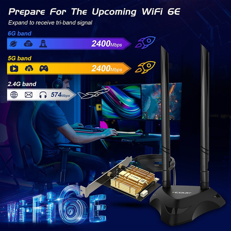 EDUP WiFi 6E Intel AX210 PCIe Adapter with Bluetooth 5.3, MU-MIMO, 2.4GHz/5GHz/6GHz, and Magnetic Antenna Base