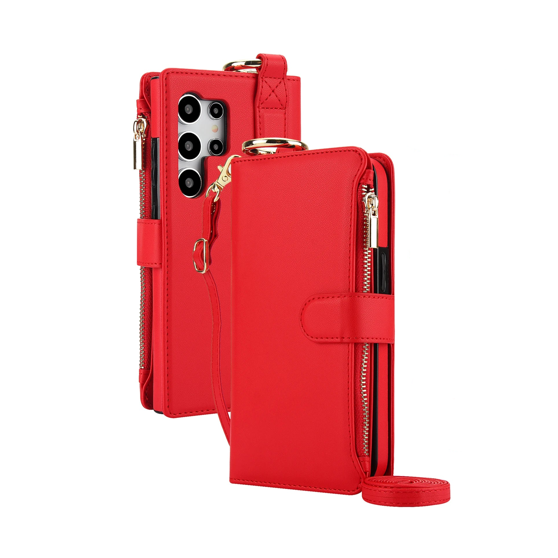 Crossbody Ring Holder Zipper Cards Slot Wallet Leather Case For Samsung Galaxy S24 Series