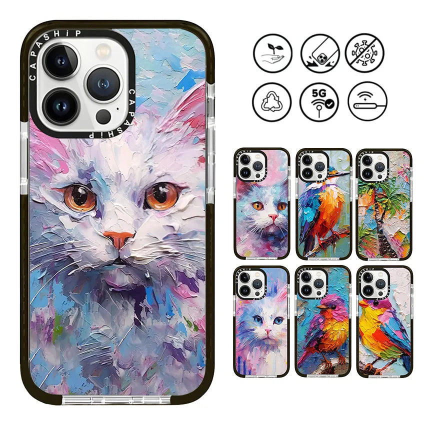 Oil Painting Kitten & Bird TPU Shockproof Case for iPhone 15 Series