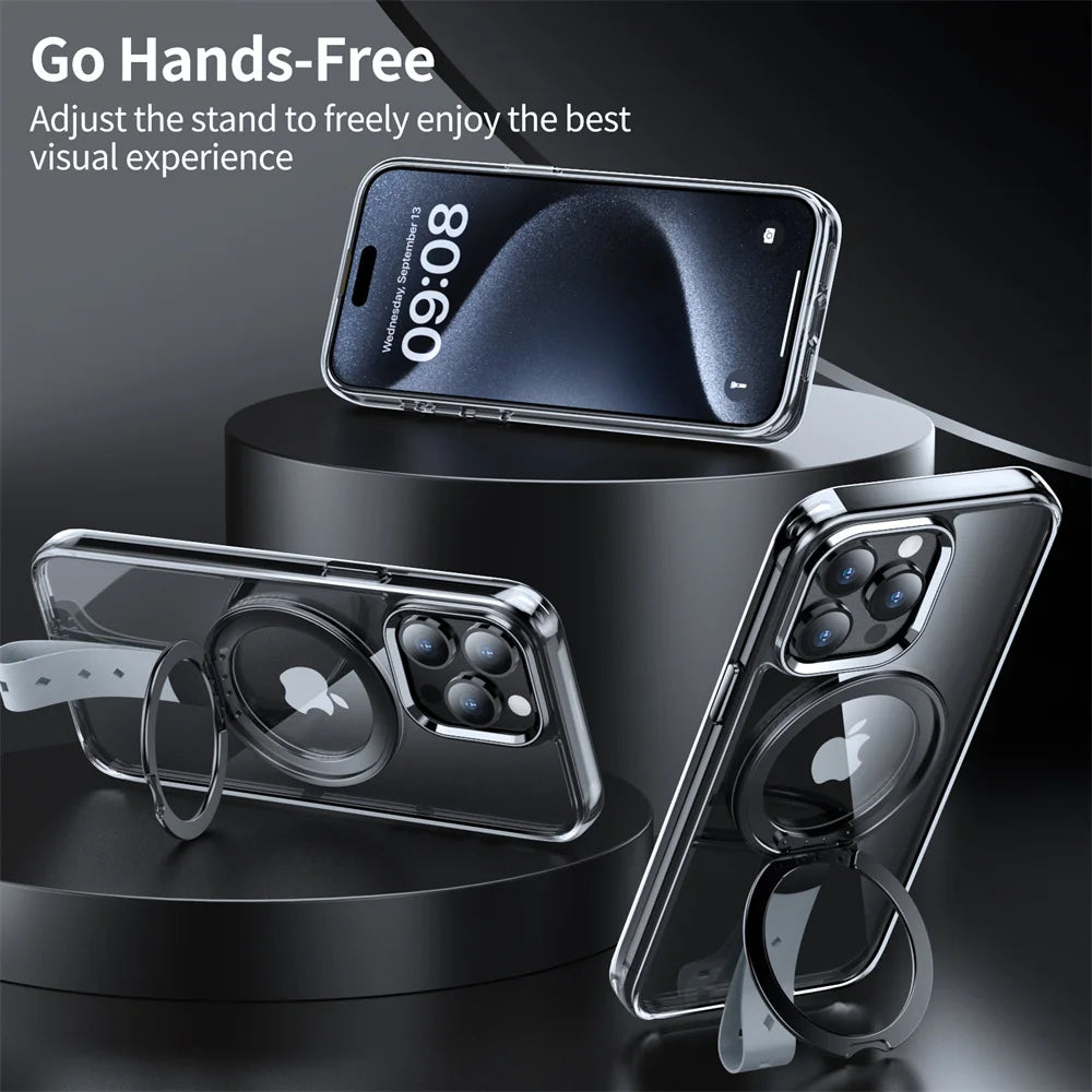 360° Rotating Magnetic Transparent Phone Case with Cyclic Bracket Ring for iPhone 15 Series