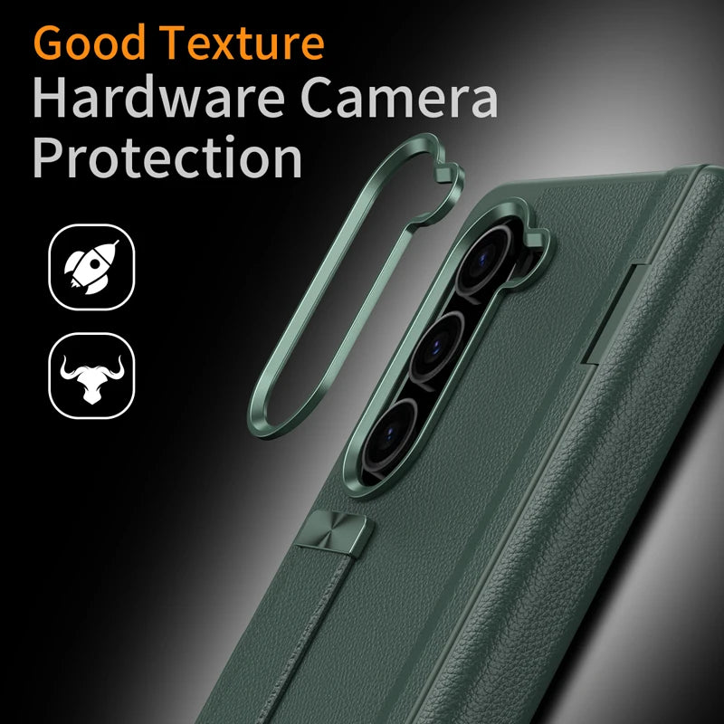 Classic Leather Hinge Finger Ring Buckle Holder Case with Glass Film for Samsung Galaxy Z Fold 5