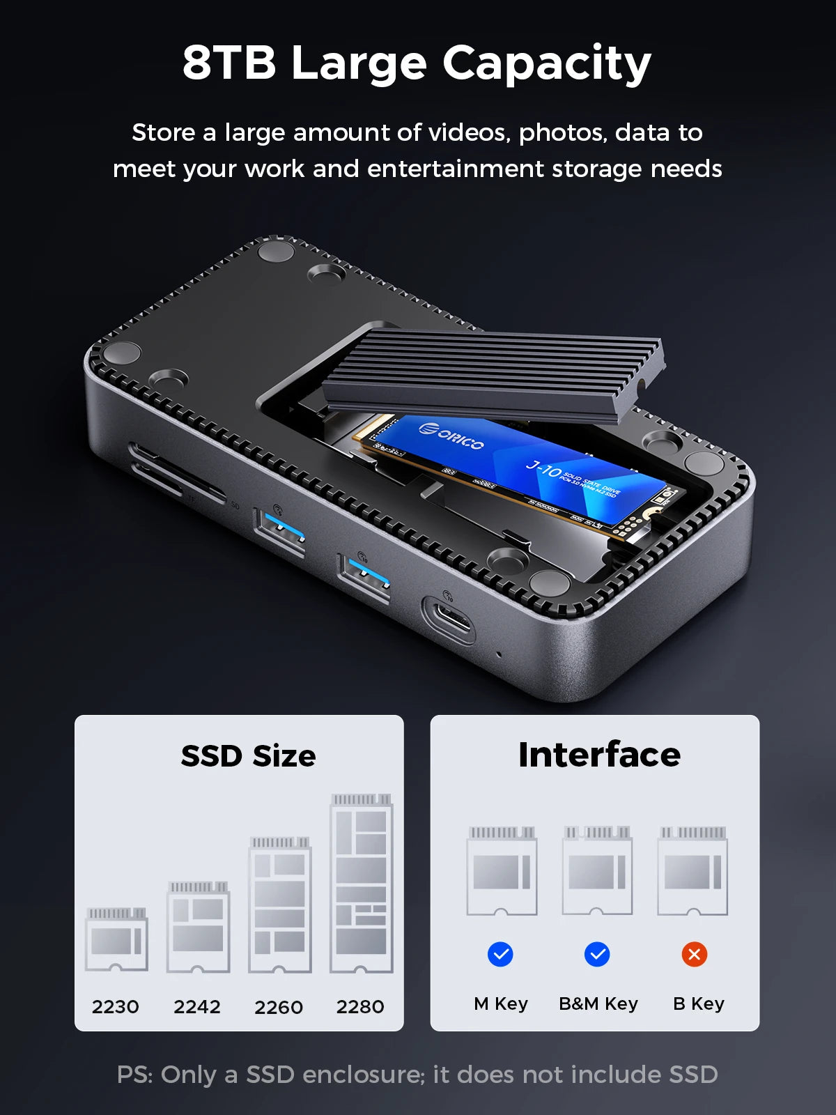 ORICO M2P7 USB-C Hub and M.2 NVMe/SATA SSD Enclosure with Cooling Fan