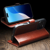 Classic Genuine Cowhide Leather Flip Wallet Case for iPhone 16 Series