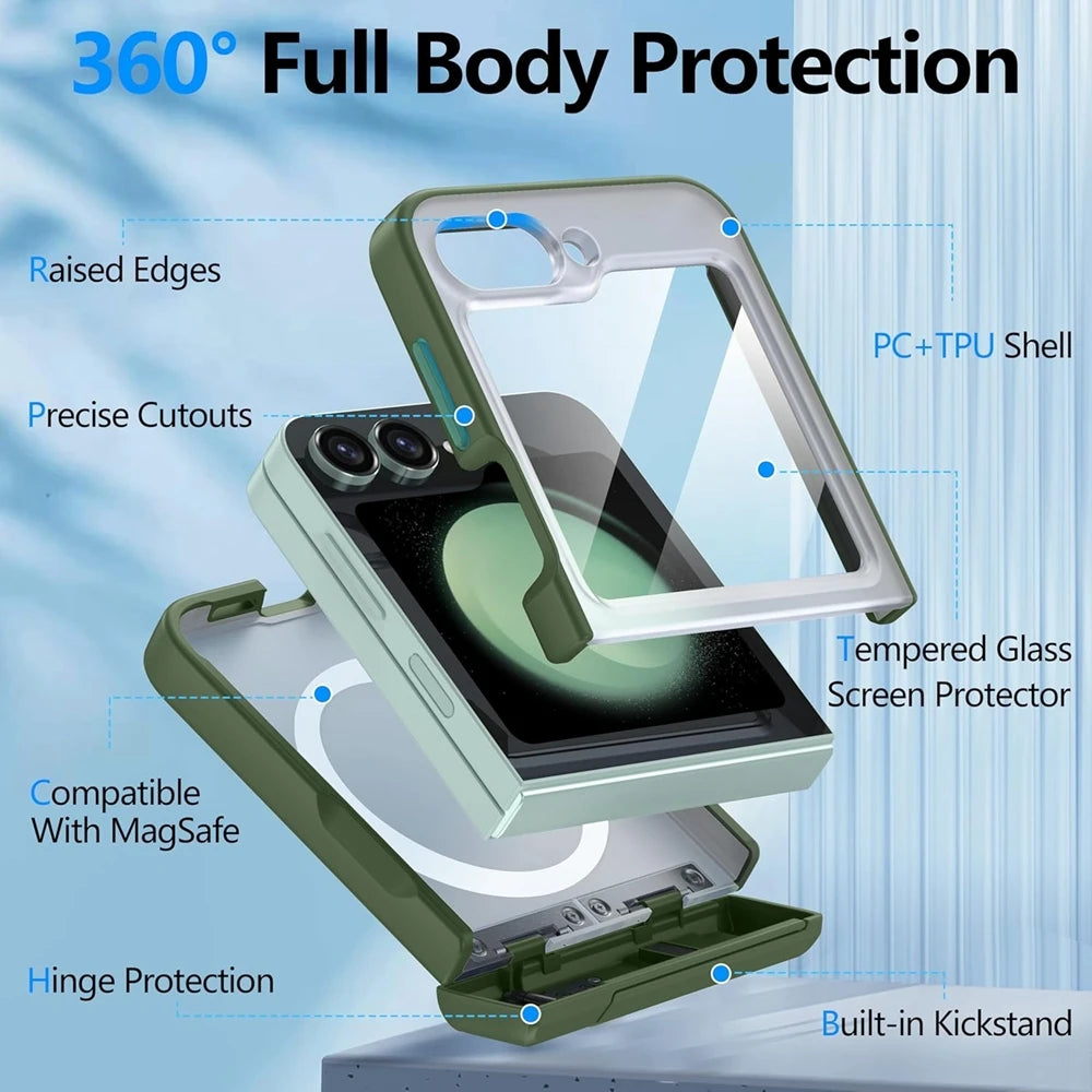 Samsung Galaxy Z Flip 6 Magnetic Case with Kickstand Holder & Full Armor Screen Protector