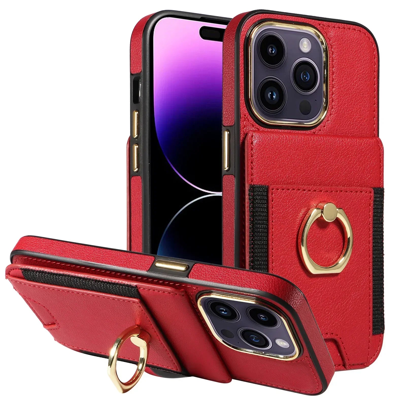 iPhone 16 Series Leather Wallet Case with Ring Holder and Vertical Card Holder