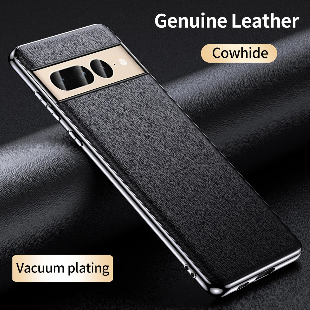 Luxury Genuine Cowhide Leather Plating Shockproof Full Protection Phone Case for Google Pixel 8 Series