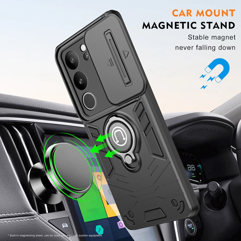 Shockproof Armor Case with Slide Camera Lens Protection and Ring Stand for VIVO V29 Series