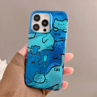 Cartoon Blue Graffiti Cat Folding Holder Case for iPhone 15 Series