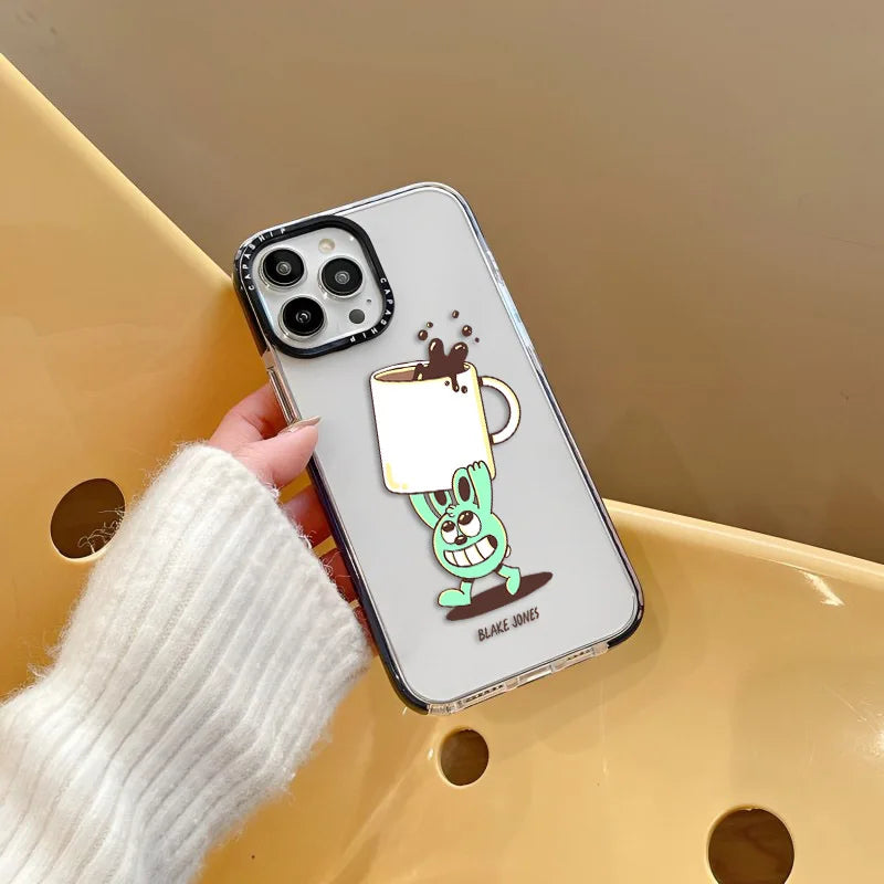 Creative Cute Bunny Drinking Coffee Soft TPU Shockproof Back Case for iPhone 15 Series