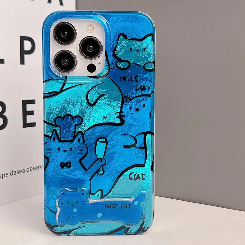 Cartoon Blue Graffiti Cat Folding Holder Case for iPhone 15 Series