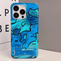 Cartoon Blue Graffiti Cat Folding Holder Case for iPhone 15 Series