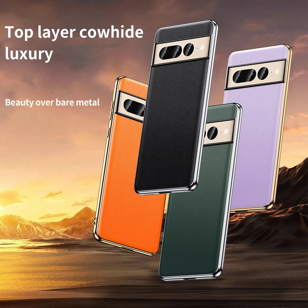 Luxury Genuine Cowhide Leather Plating Shockproof Full Protection Phone Case for Google Pixel 8 Series