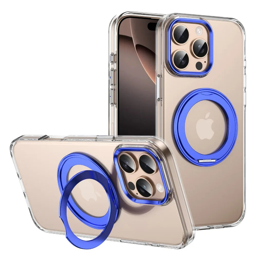 iPhone 16 Series Transparent Case with 360° Rotating Magnetic Bracket & Ring Holder