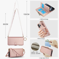 Crossbody Leather Wallet Case with Zipper Card Slots and Ring Holder for iPhone 15 Series