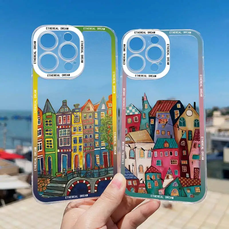 Cartoon Colourful Painted House Clear Phone Case For iPhone 15  Transparent Cover Fundas