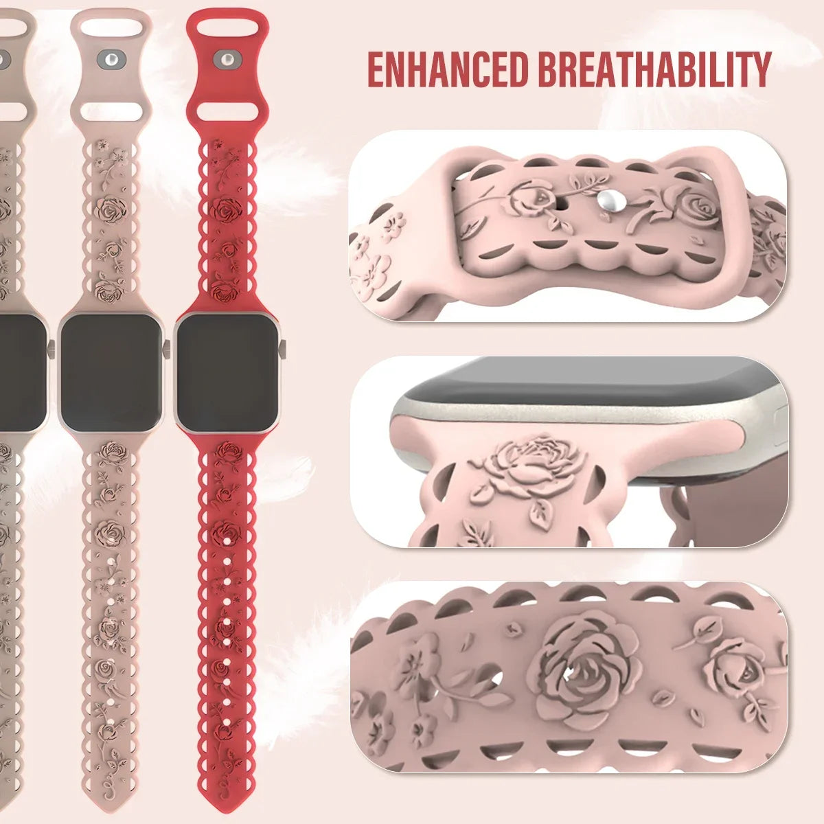 Silicone Engraved Rose Flower Strap for Apple Watch