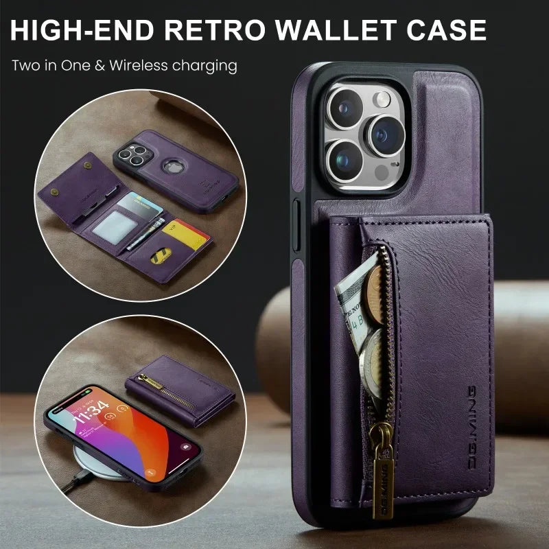 2-in-1 Detachable Magnetic Leather Case with Zipper Card Slot Wallet Pocket Holder for iPhone 14 Series