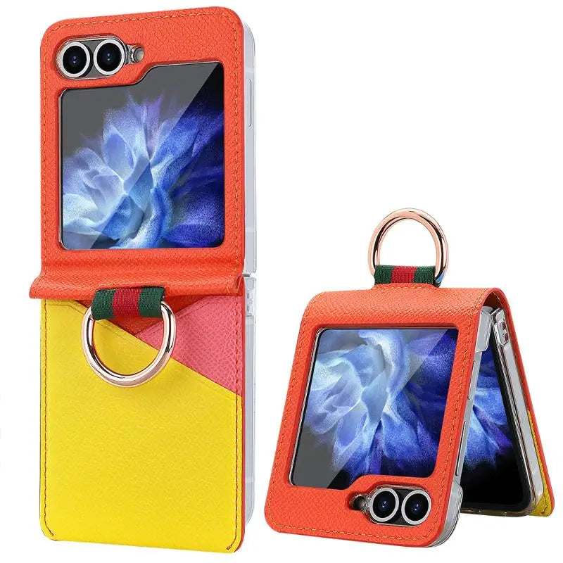 Geometric Leather Case with Ring and Card Holder for Samsung Galaxy Z Flip 6