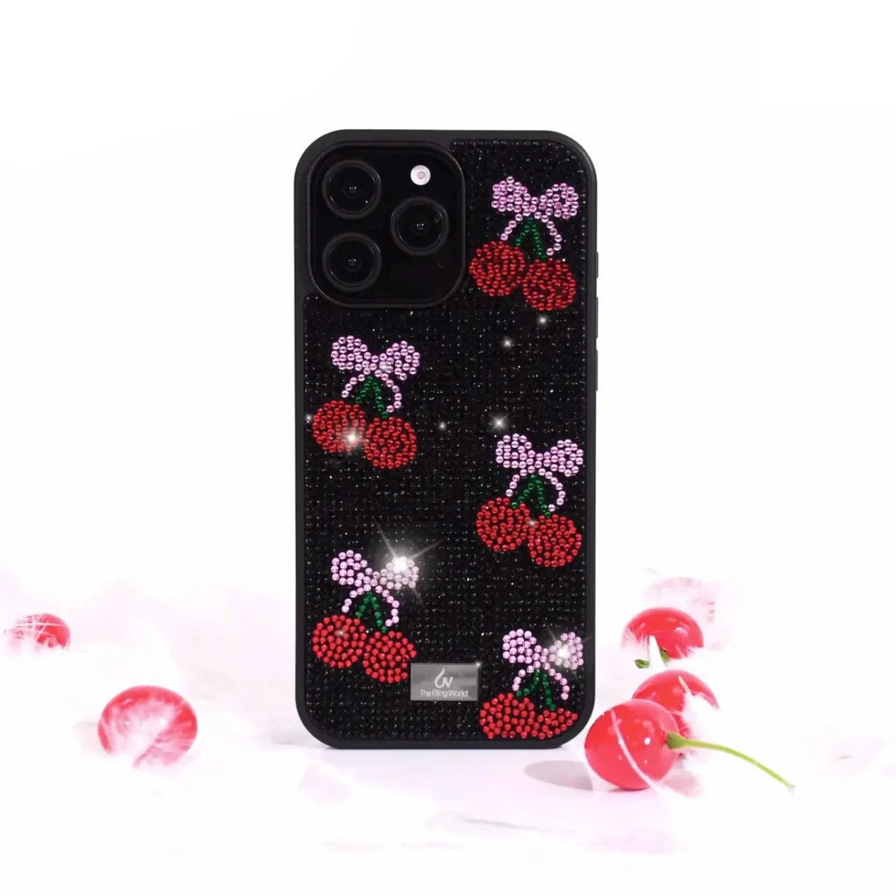 Premium Glitter Cherry Rhinestone Shockproof Case for iPhone 16 Series