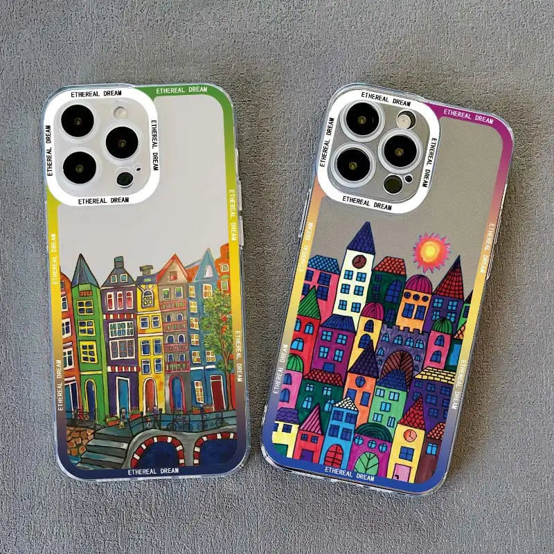 Cartoon Colourful Painted House Clear Phone Case For iPhone 15  Transparent Cover Fundas