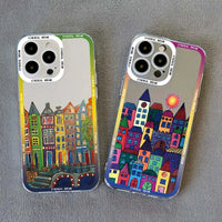 Cartoon Colourful Painted House Clear Phone Case For iPhone 15  Transparent Cover Fundas