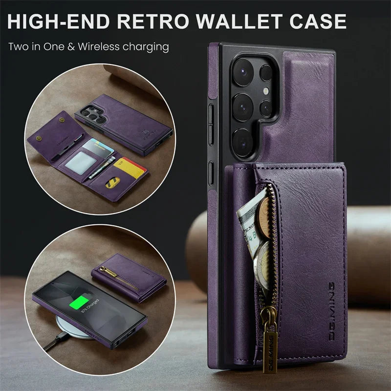 2-in-1 Detachable Magnetic Leather Case with Zipper Wallet & Card Holder for Samsung Galaxy S23