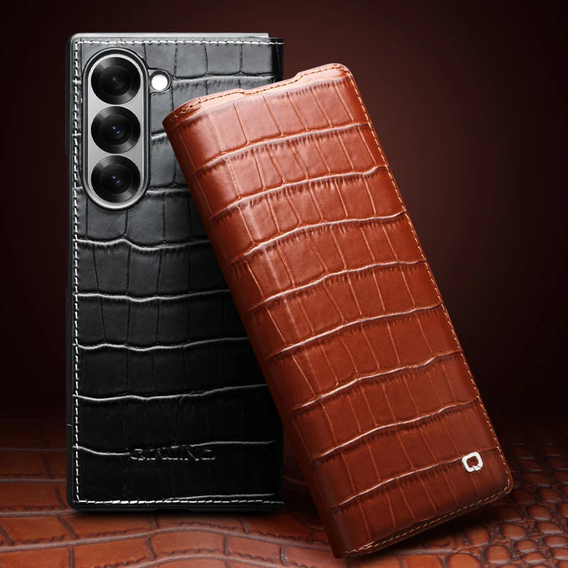 Luxury Genuine Cowhide Leather Flip Case for Samsung Galaxy Z Fold 6 with Crocodile Texture