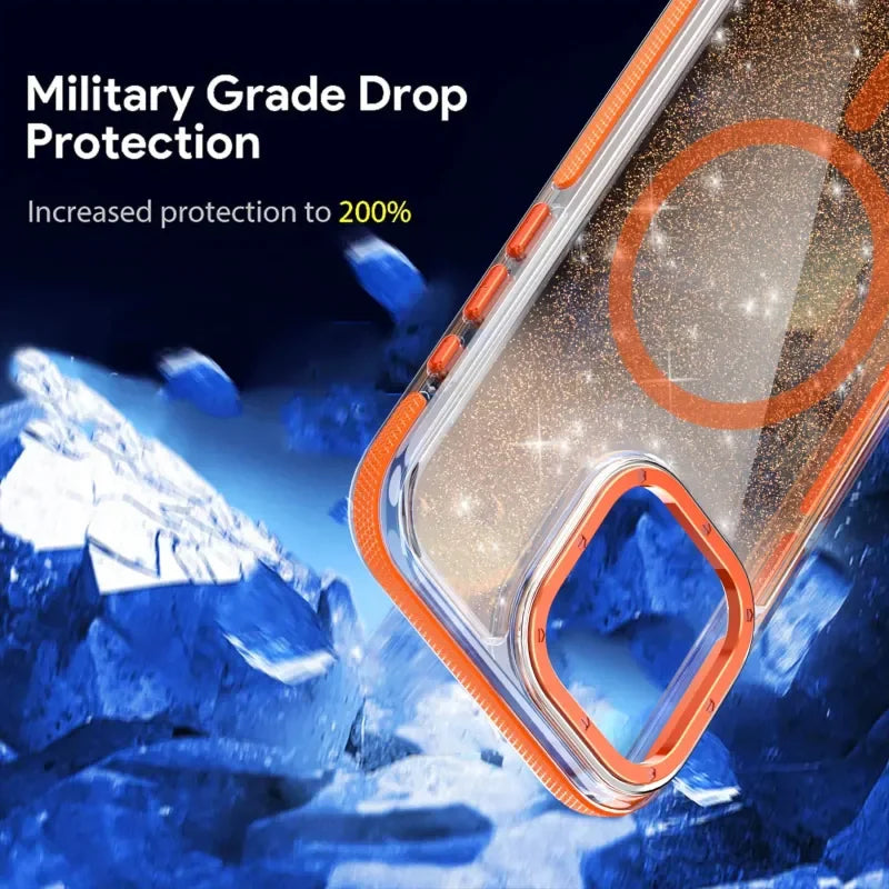 Glitter Transparent Magnetic Suction Wireless Charging Shockproof Phone Case for iPhone 15 Series