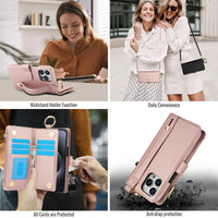 Crossbody Leather Wallet Case with Zipper Card Slots and Ring Holder for iPhone 15 Series