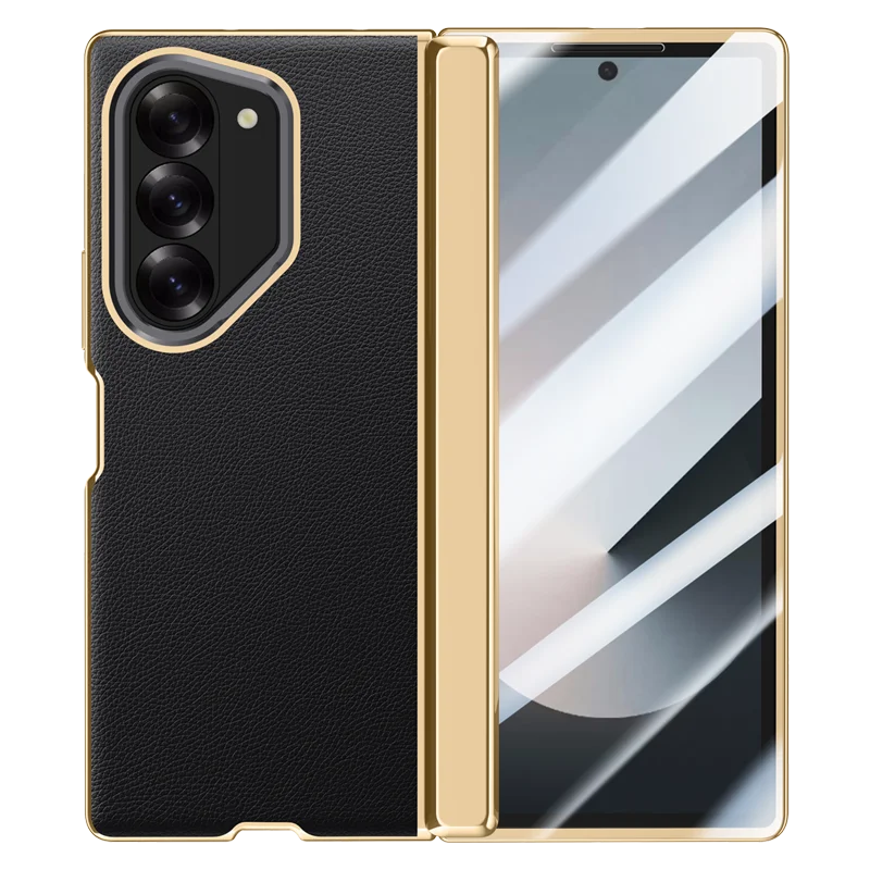 Electroplated PU Leather Hinge + HD Tempered Glass Folding Metal Lens Stand Case for Samsung Galaxy Z Fold 6