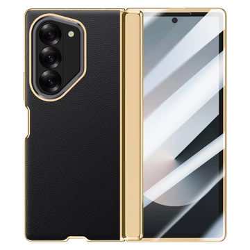 Electroplated PU Leather Hinge + HD Tempered Glass Folding Metal Lens Stand Case for Samsung Galaxy Z Fold 6