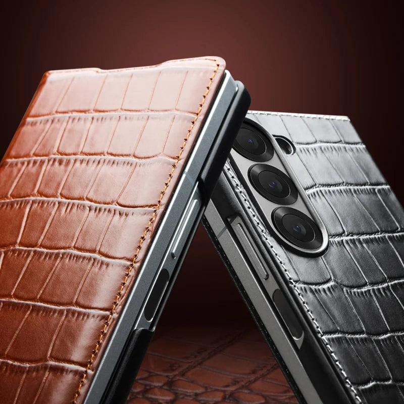 Luxury Genuine Cowhide Leather Flip Case for Samsung Galaxy Z Fold 6 with Crocodile Texture