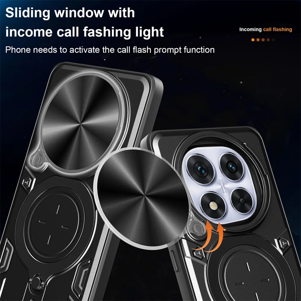 Slide Lens Protective Shockproof Armor Magnetic Case with Rotatable Ring for Xiaomi Redmi Note 14 Series