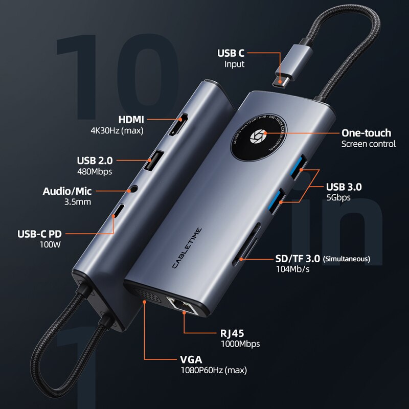 CABLETIME 10-in-1 4K USB-C Multiports HUB