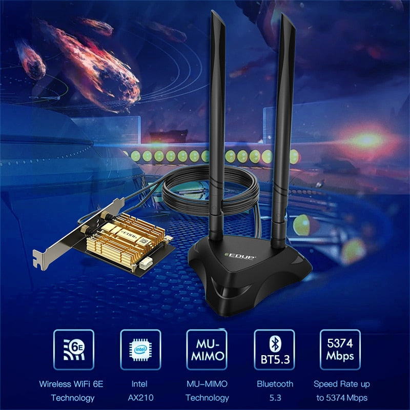 EDUP WiFi 6E Intel AX210 PCIe Adapter with Bluetooth 5.3, MU-MIMO, 2.4GHz/5GHz/6GHz, and Magnetic Antenna Base