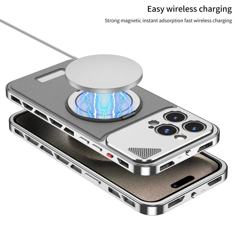 iPhone 15 Metal Snap Leather Case with Magnetic Ring & Folding Stand