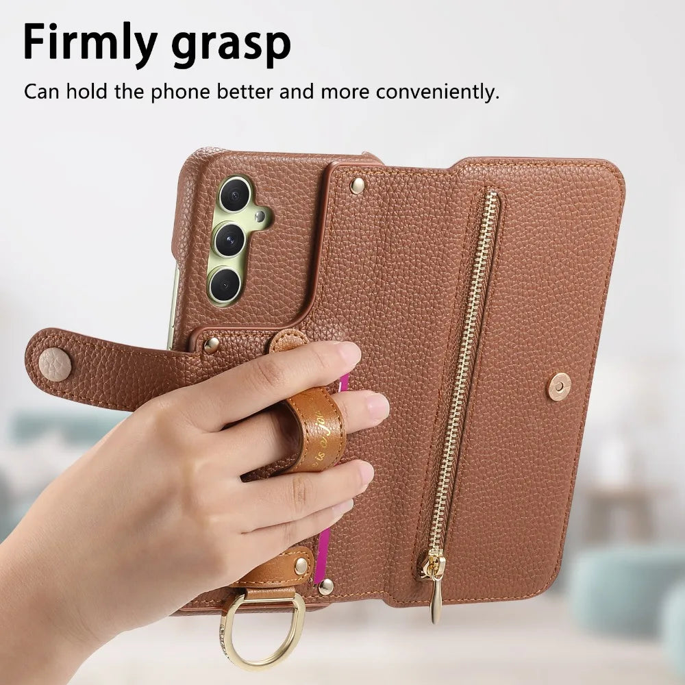 Card Slot Wallet Case with Wrist Strap & Ring Flip for Samsung Galaxy S23 Series