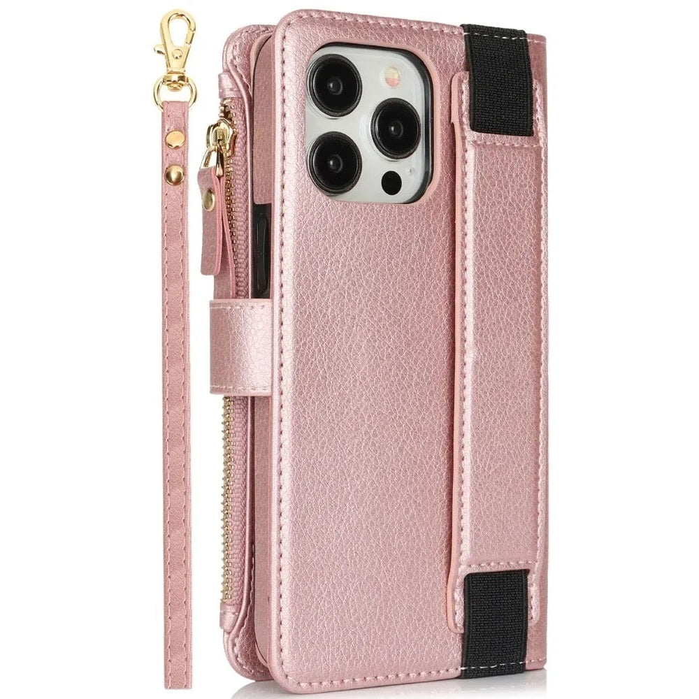 Leather Zipper Wallet Phone Case with Card Holder & Wrist Strap for iPhone 16 Series – Stylish Convenience