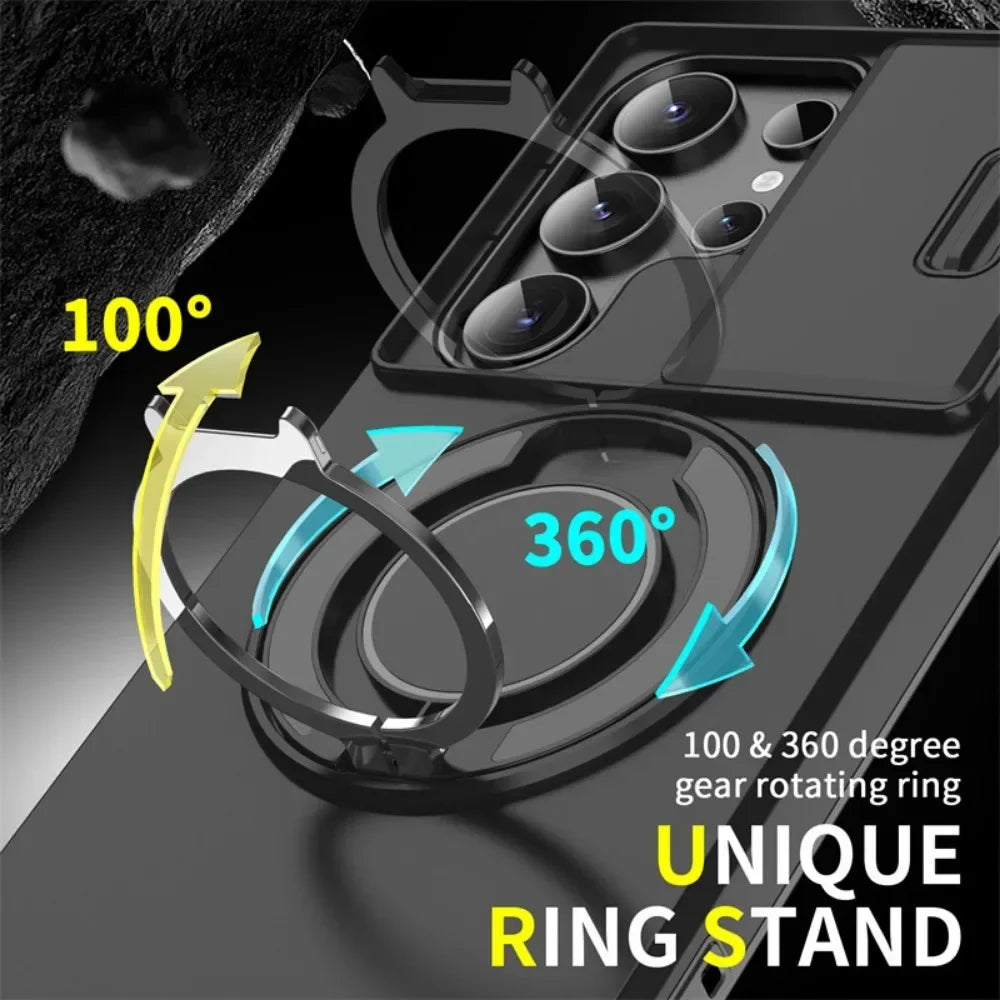 Magnetic Ring Holder Case with Sliding Camera Cover for Samsung Galaxy S24 Series