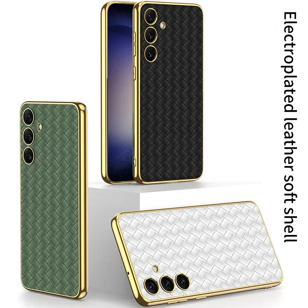 Electroplated Skin Woven Leather Phone Case for Samsung Galaxy S23 Ultra