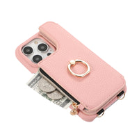 Ring Holder Crossbody Wallet Leather Case with Zipper Card Slot and Makeup Mirror for iPhone 14 Series