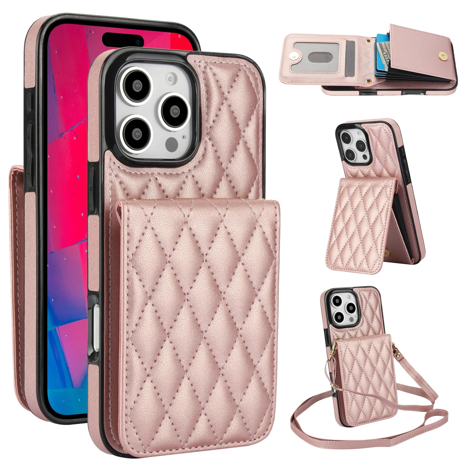 Crossbody Lanyard Wallet Case with Card Holder and Kickstand for iPhone 16 Series